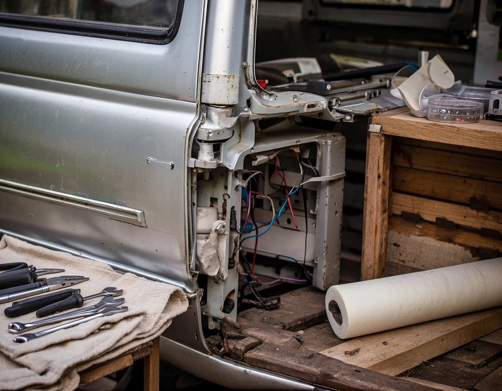 Reparatur eines Campers Ein geöffneter Fahrzeugtürrahmen mit Werkzeugen und Kabeln auf einem Tisch.