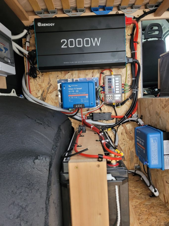 Stromversorgungssystem mit einem 2000W Wechselrichter und mehreren elektrischen Komponenten.