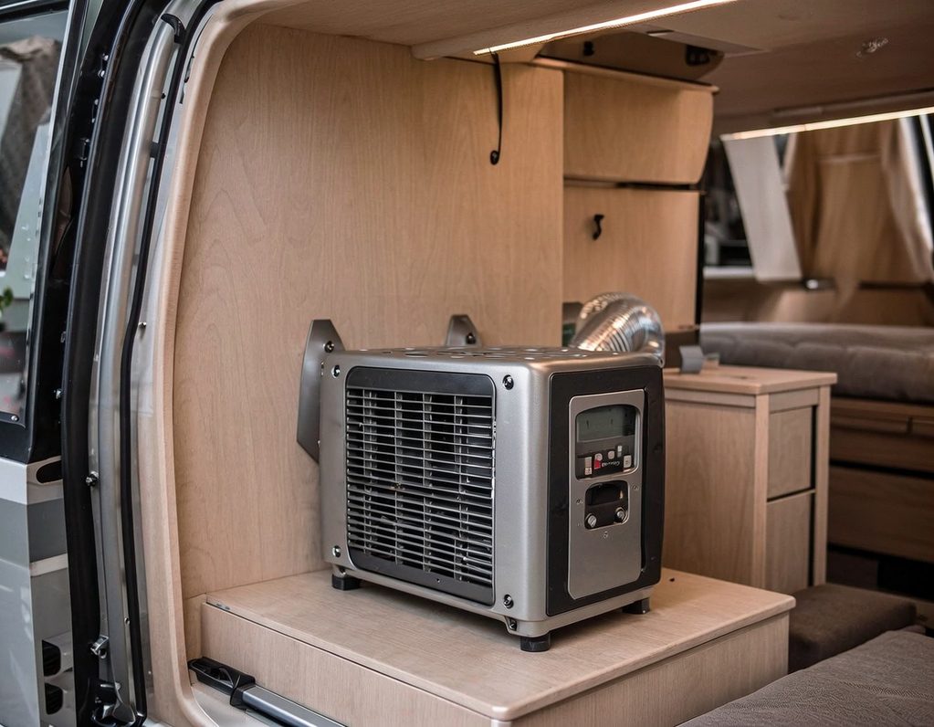 Camper mit eingebauter Heizung Kompakte Kühlbox in einem modernen Van mit hellen Holzoberflächen.