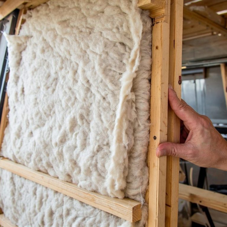 Dämmung eines Campers Hand, die an einem Holzrahmen mit isolierendem Material berührt, das aus natürlicher Wolle besteht.