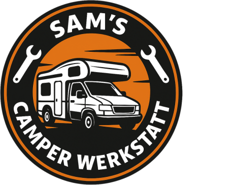 Logo von Sams Camperwerkstatt in schwarz, orange, rund